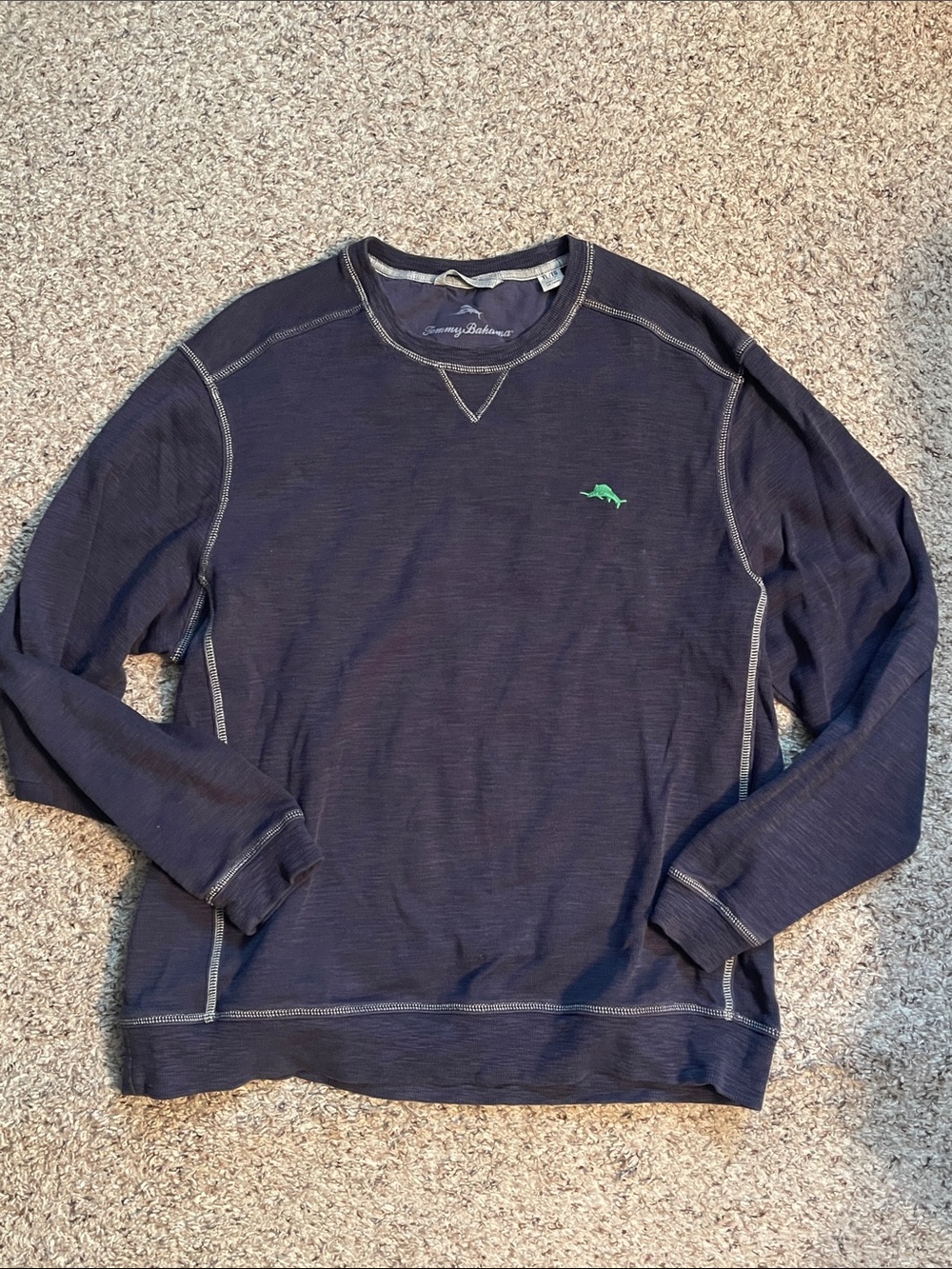 Tommy Bahama Navy Crewneck Sweater with Green Embroidered Fish